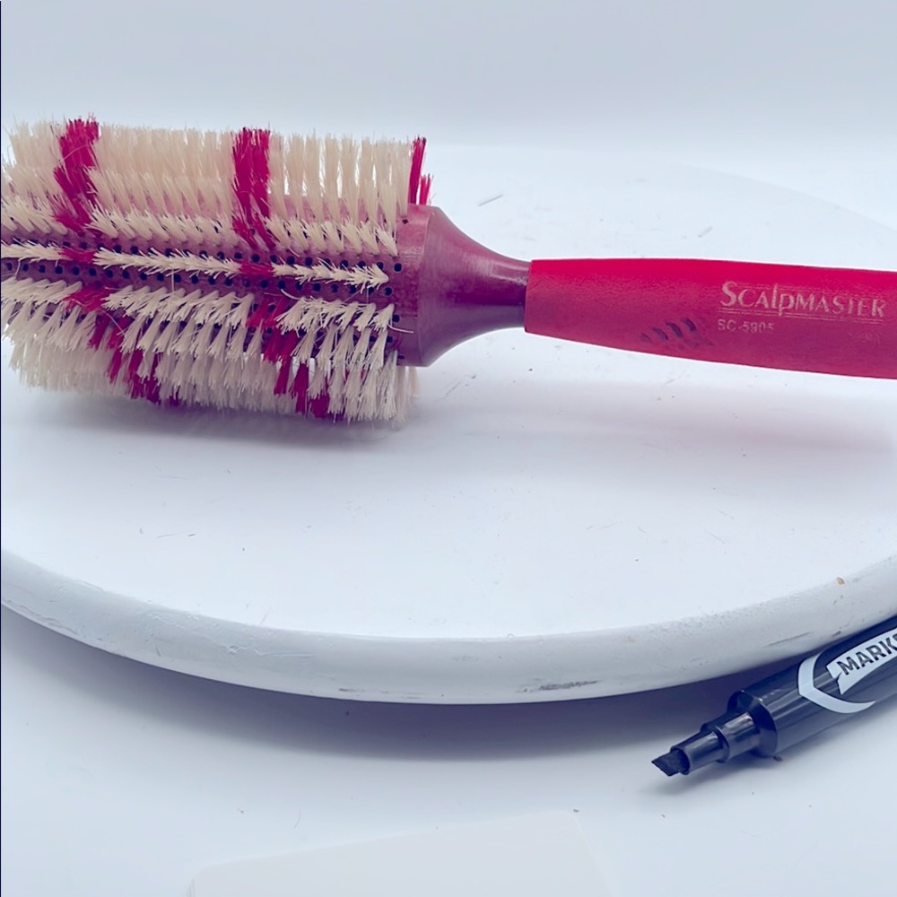Red and Cream Round Hairbrush with Natural Bristles